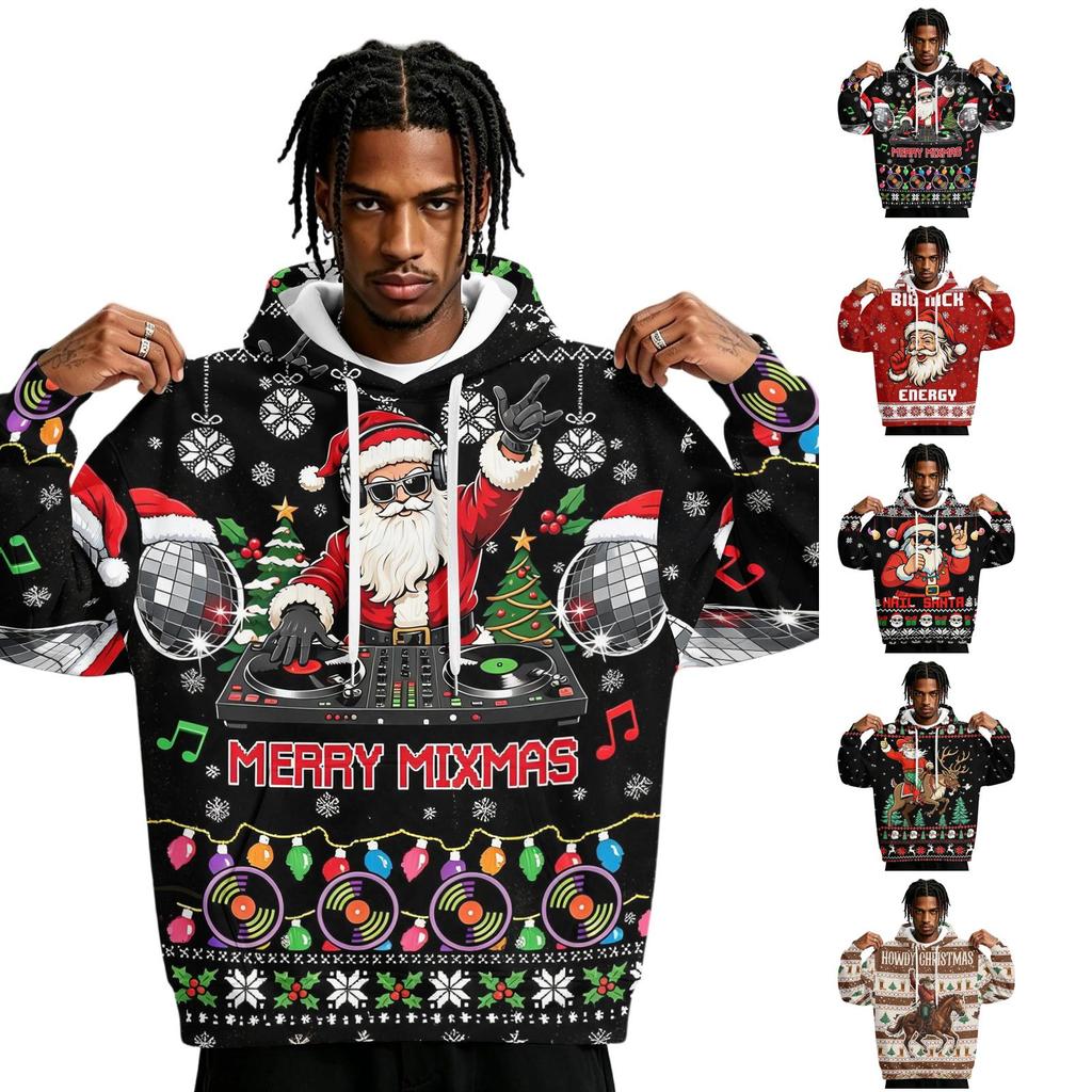 Men's Christmas Print Hoodie with Pocket for Casual Athletic Wear