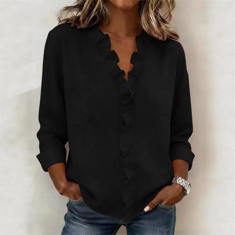2026 Spring New Women's Ruffled Long-Sleeve Casual Solid Color Shirt
