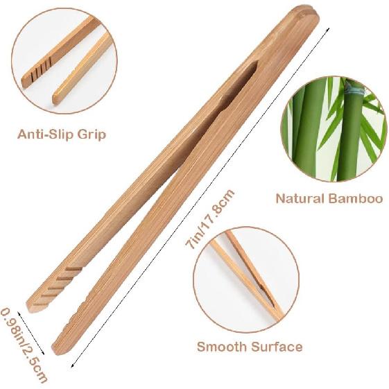 Bamboo Toast Tongs, 7 Inches Mini Wood Cooking Tong with Anti-slip Design Great for Serving Food/Toaster/Bread & Pickles/Sugar/Barbecue,Small Kitchen