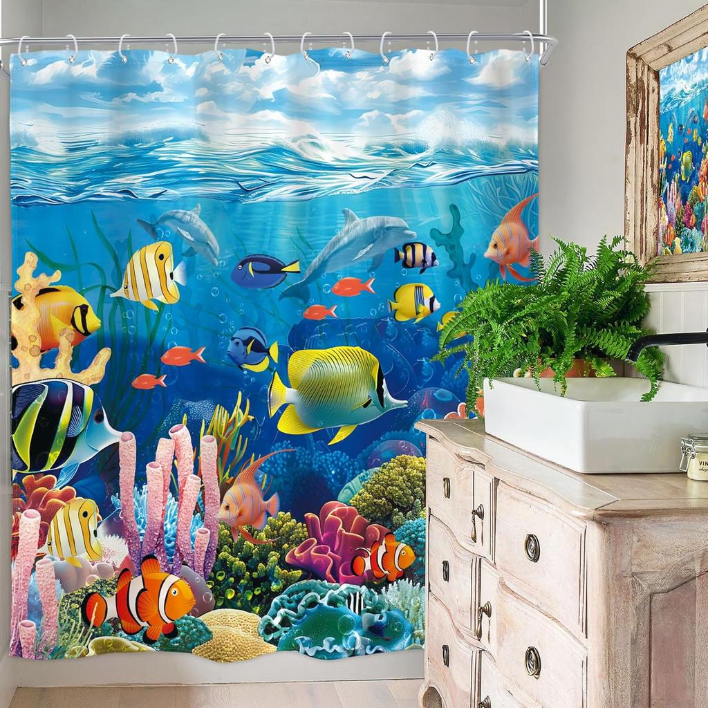 Colorful Underwater Ocean Fish Coral Reef Shower Curtain Machine Washable All Season Waterproof Privacy Protection Easy To Clean