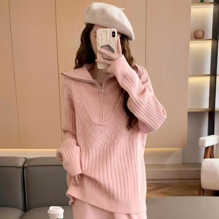 

2024 Зима Осень Женские Однотонные Свитера На Молнии Вязание Моды Оверсайз Повседневный Стиль Водолазка Свободный Пуловер Свитер One Size розовый