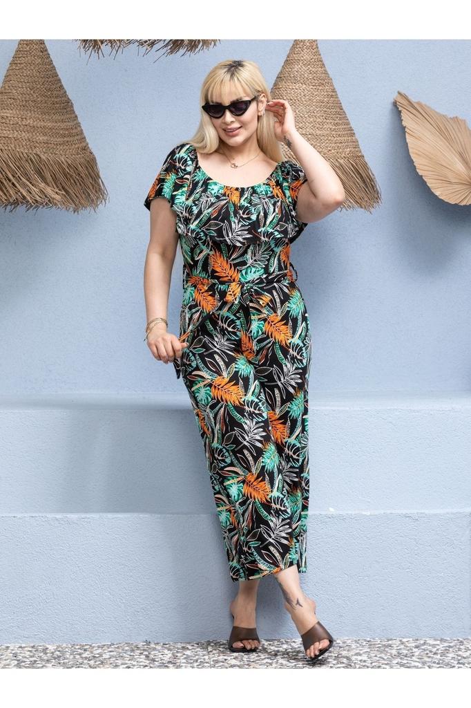 Damen-Overall in großen Größen, Plus-Size, geraffter Madonna-Kragen, Gürtel, flexibler Viskose-Overall