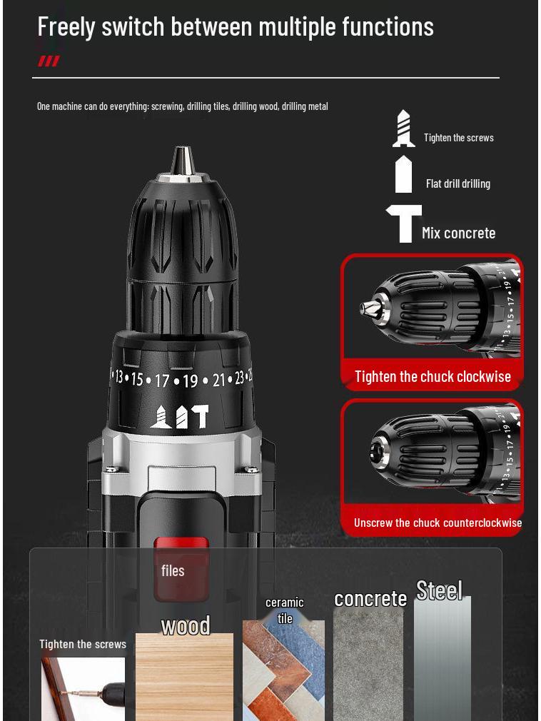 Industrial Ultra-Power Electric Drill with Dual-Speed Lithium Battery and Impact Function