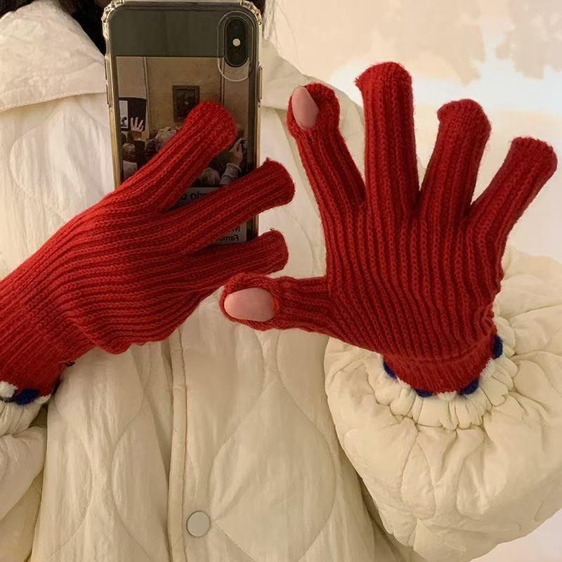 Autumn And Winter  Wool Knitted Gloves Fingerless Women'S Solid Color Warm Windproof Cycling Gloves With Touch Screen
