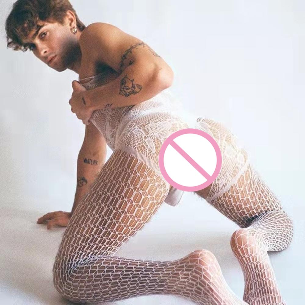 Men'S Sexy Underwear One-Piece Fishnet Full Body Stockings Gay Erotic Mesh Perspective Tight Lingerie Sissy Clothes Nightdress