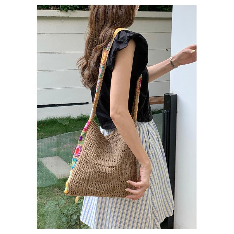 Bohemian Polyester Knit Shoulder Bag for Women Floral Woven Crossbody Tote Purse