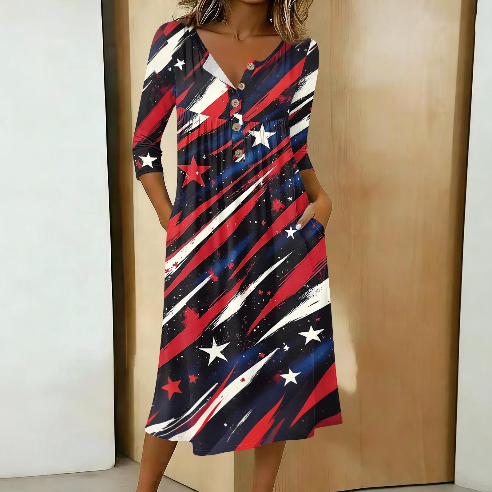 

Women 3/4 Sleeve Button Front Casual Midi Dress Independence Day Printed Loose Fit Long Dress S