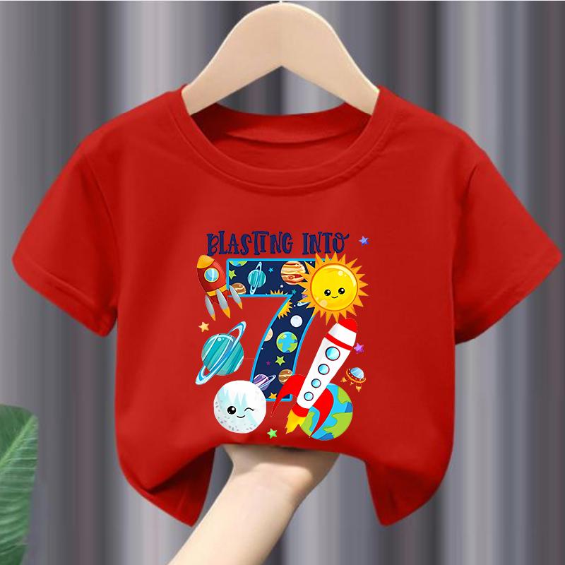 New Boys and Girls Clothing Outer Space Rocket Planet Printed Childrens Tshirt Birthday Round Neck Summer polyester fabric