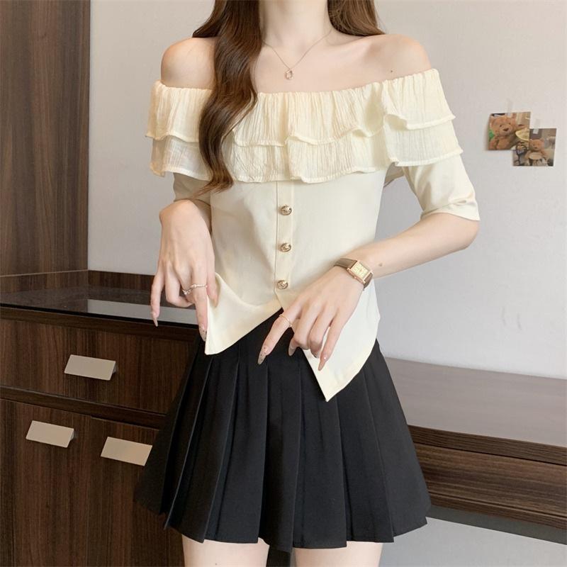 French One-word Shoulder Ruffle Design Short-sleeved Women's Summer Gentle Temperament Is Thin and Beautiful T-shirt Slim Top Ins