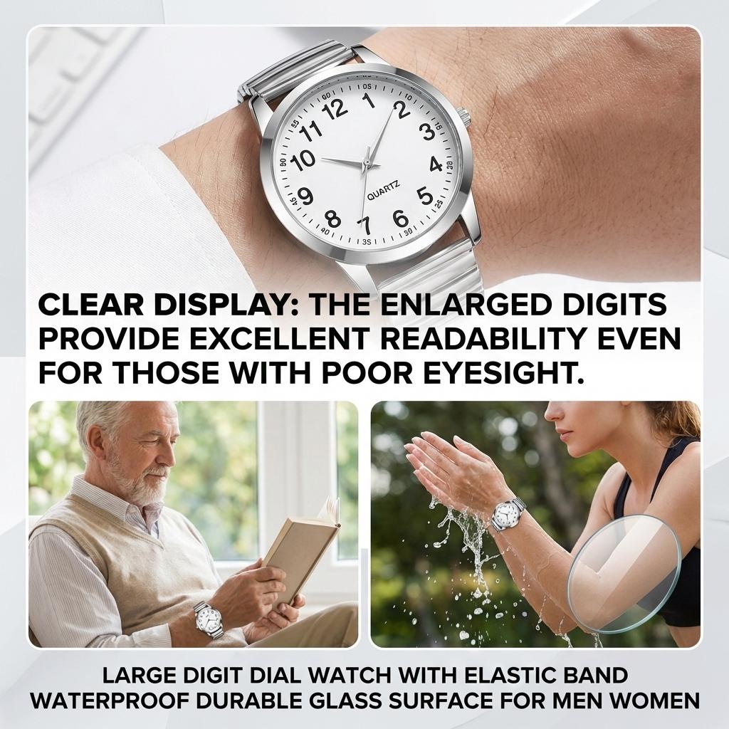 Large Digit Dial Watch with Elastic Band Waterproof Durable Glass Surface for Men Women