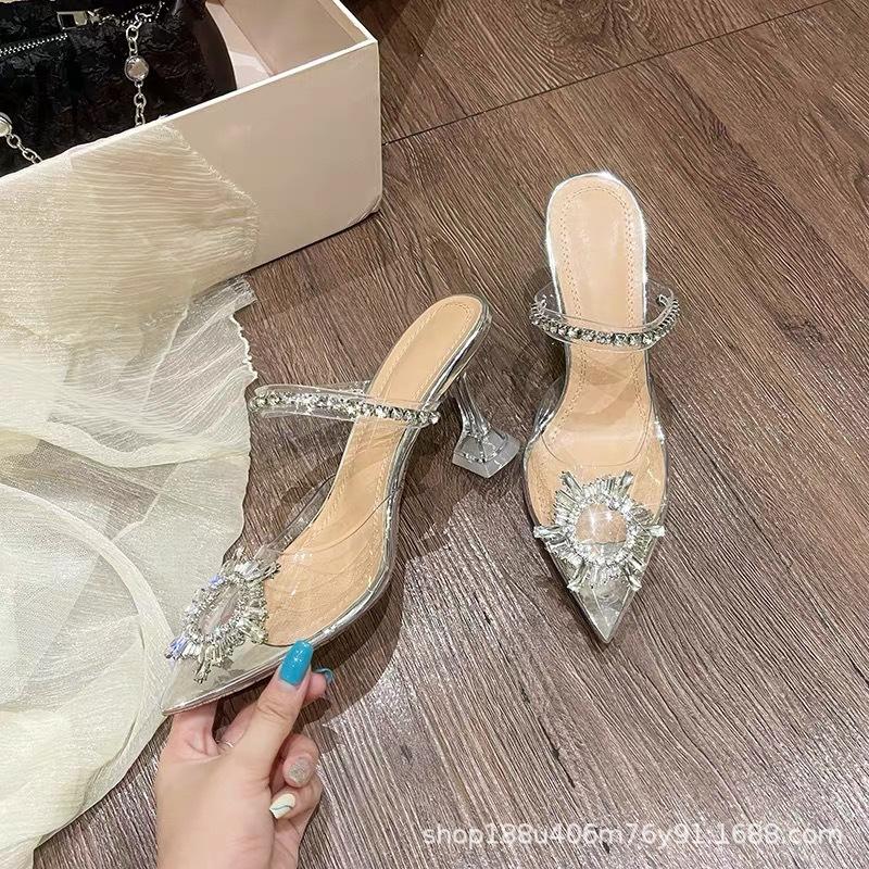 Rhinestone transparent high heels crystal wine glass and sandals women's summer outer wear bag head half slippers fashion word with sandals