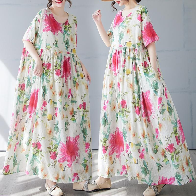 DIMANAF 2025 Sommer Übergröße Kleid Damen Vintage Floral Lässig Locker Basic Druck O-Ausschnitt Kleid Maxi