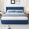 Upholstered Bed 160*200cm with Slatted Frame and Headboard, Button Tufting, Rivet Upholstery, Wooden Legs, Velvet, Blue