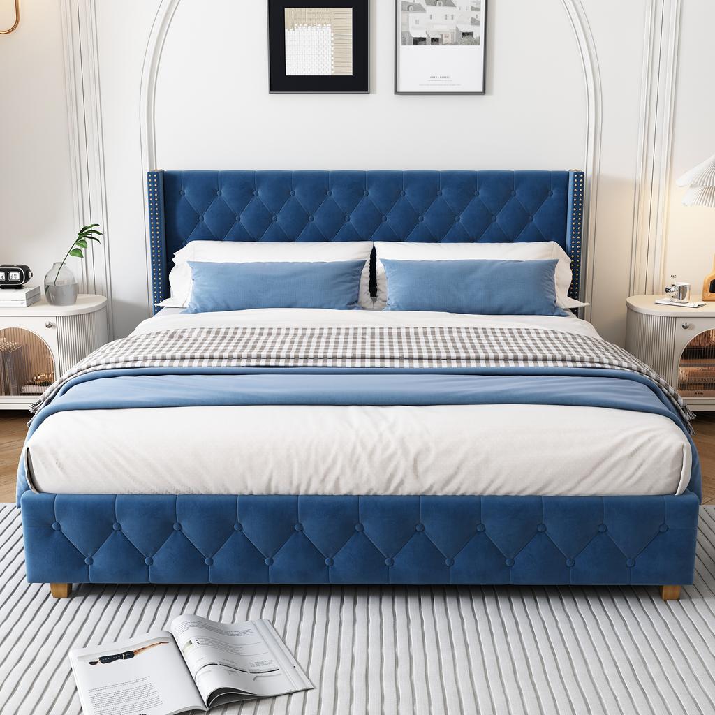 Upholstered Bed 160*200cm with Slatted Frame and Headboard, Button Tufting, Rivet Upholstery, Wooden Legs, Velvet, Blue