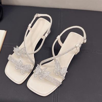 Mode Schleife Strass Peeptoe High Heels Damen Sommer Eckiger Zeh Peeptoe Dünner Riemen Ein Riemen Temperament Sandalen