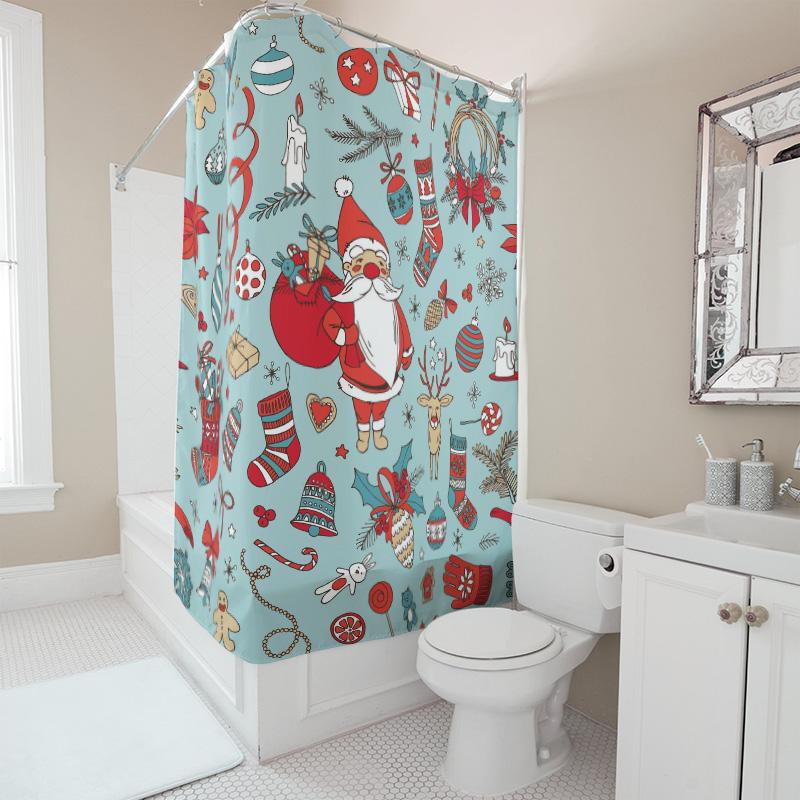 TU Christmas Shower Curtain Festive Holiday Decor Xmas Pattern Bathroom Decor Santa Claus Print Waterproof Fabric Backdrop for H