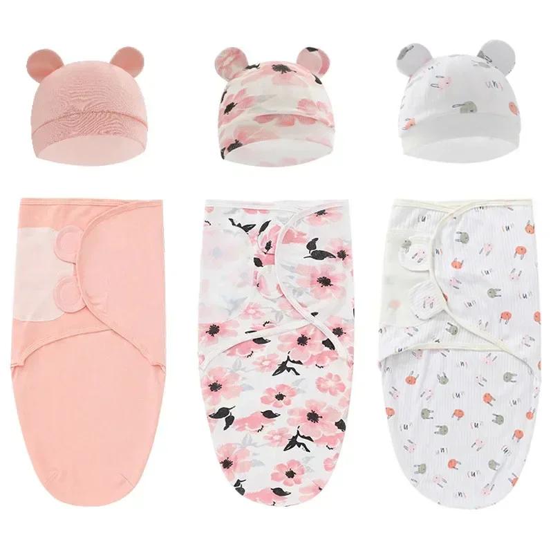 Baby Baumwoll-Swaddle-Decke 0-6 Monate Neugeborenes Anti-Schreck-Fotografie-Decke Wickeltuch Mützen-Set Anti-Strampeln Steppdecke Neugeborenen Geschenke