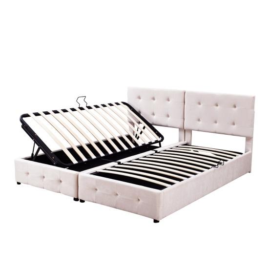 Bed Upholstered 180x200cm Hydraulic Storage Bed High Box Multifunctional Double Skin-Friendly Velvet Fabric Beige Flat
