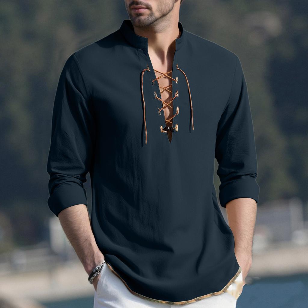 Men's Casual And Fashionable Cotton And Linen Solid Color Round-neck Long-sleeved