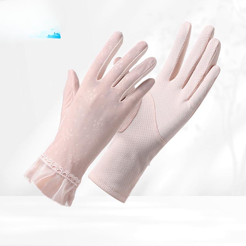Spitzen-Sonnenhandschuhe für Damen im Sommer für Outdoor-Fahrten und Autofahren Eisseide Anti-Rutsch Dünner Stil Anti-UV Touchscreen Vollfinger
