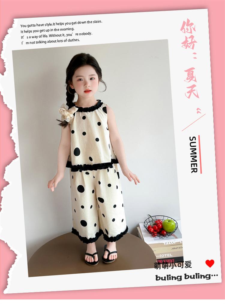 Girls' summer black bow polka dot doll shirt set, stylish and stylish, two cartoon wide leg pants for little girls
