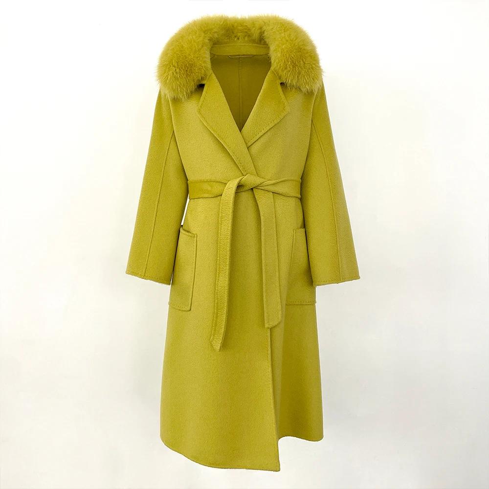 OFTBUY 2024 Autumn Winter Real Fox Fur Collar Water Ripple Double-Sided Woolen Coat Women Long Coat 100% Wool Removable Fur Collar