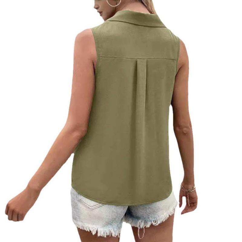 Summer Sleeveless V-neck Vest Shirt Women Casual Loose Blouse Large Office Chiffon Shirts Elegant Button-up Tops Solid Color Simple Fashion Clothing