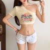 Europe and the United States Summer New Slanted Shoulder Single Sleeve Printing Slim and Thin Sexy Hot Girl Style T-shirt Top Women