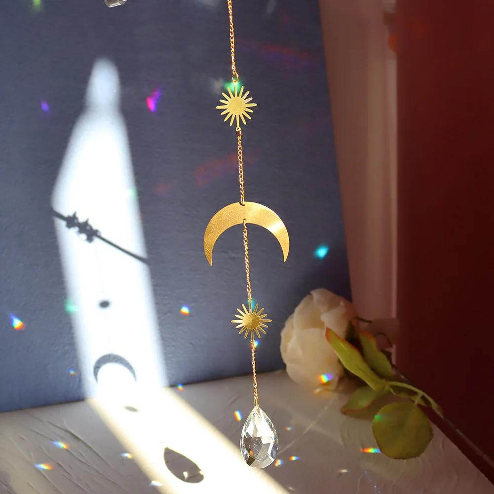 Crystal Wind Chime Moon Sun Catcher Diamond Prisms Pendant Dream Catcher Rainbow Chaser Hanging Drop Home Garden Decor Windchime