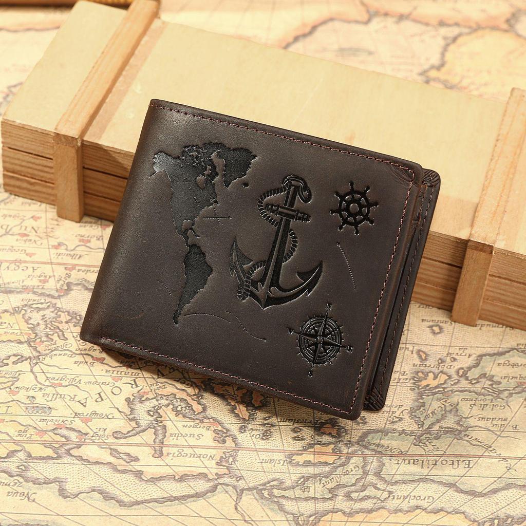 Men's Retro RFID Leather Wallet - Crazy Horse Genuine Leather, Anti-Theft, Embossed Card Holder, US Dollar Large Bill.