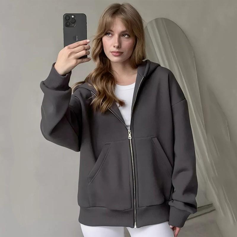 Womens Solid Color Long Sleeve Zip Up Hooded Sweatshirt Loose Fit Casual Streetwear