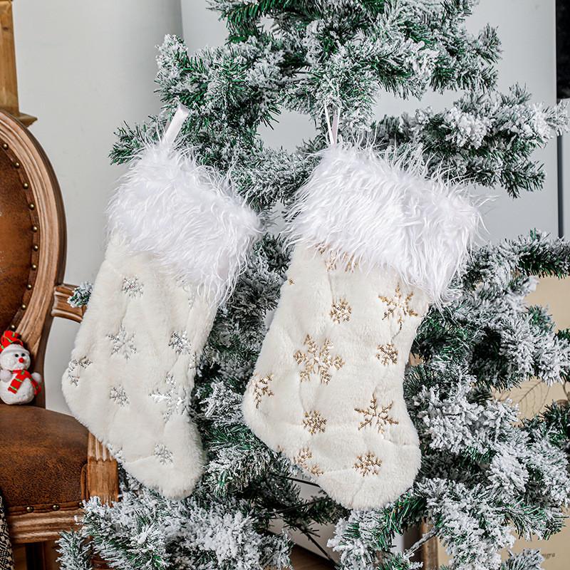 Luxurious Soft Plush Christmas Stockings Featuring Beautiful Gold And Silver Snowflake Designs