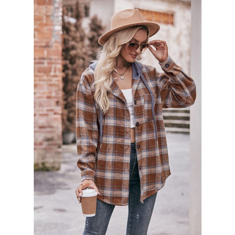 Women Oversized Plaid Flannel Hooded Long Sleeve Casual Shirt Jacket