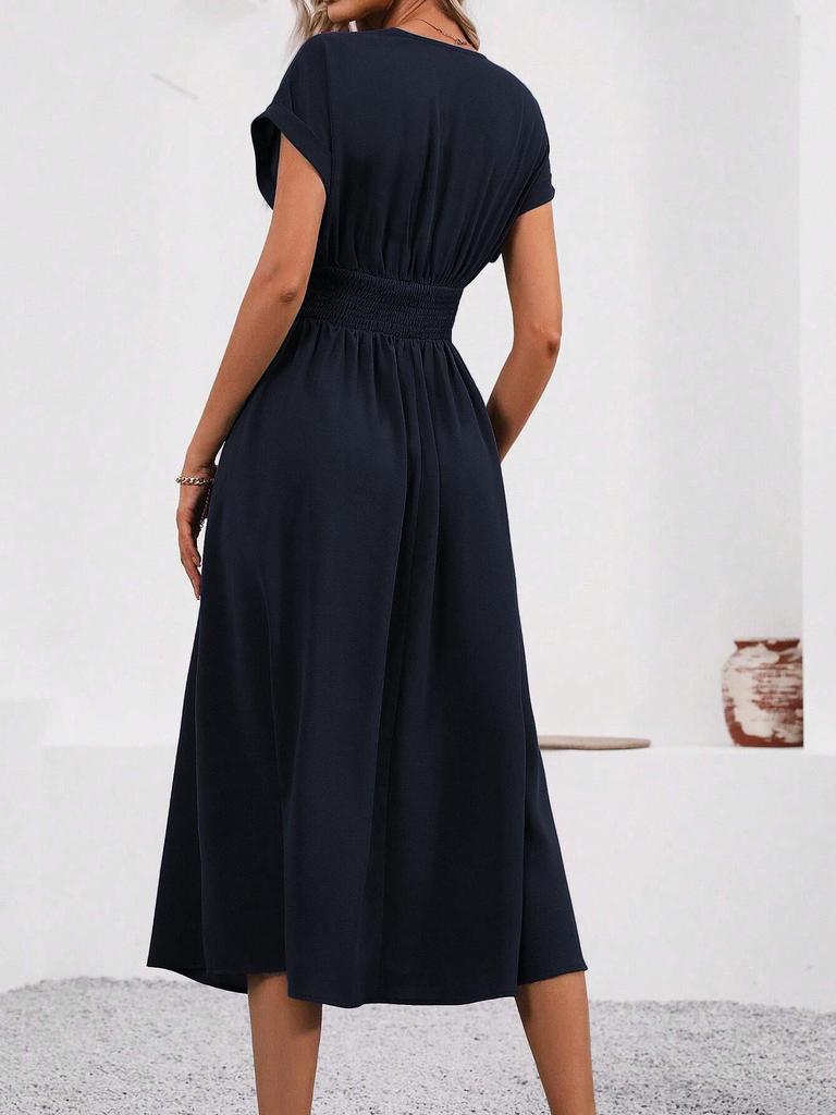 Women's Elegant Summer V-Neck Batwing Sleeve Dress with Pleated Waist