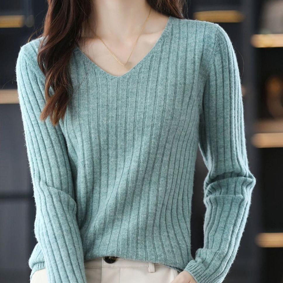 V-neck Pullover Women's Casual Long Sleeved Short Sweater Solid Color Simple Warm Knit Sweater Autumn and Winter Top