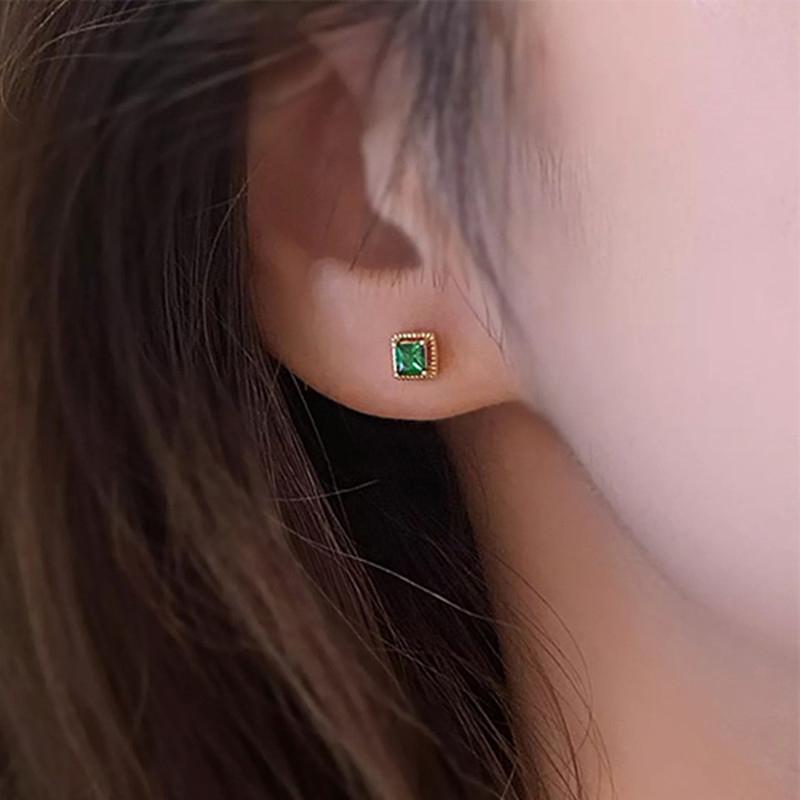 Huitan Gold Color Princess Green Cubic Zirconia Stud Earrings for Women New Temperament Wedding Earrings Fashion Luxury Jewelry