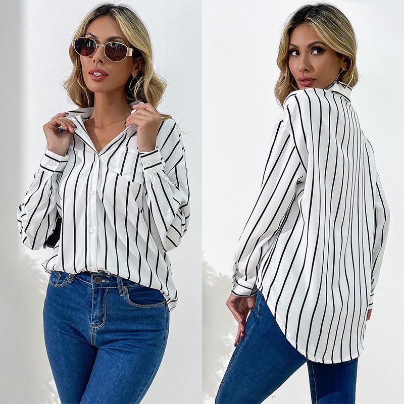 Comfortable Tops Woman Clothing Fashion Casual Tops Shirts Fashionable and Casual Temperament Career Women's Loose Lapel White Striped Shirt