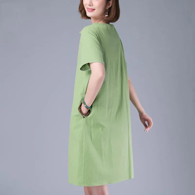 Damen Sommer Ethno-Stil Baumwolle und Hanf Besticktes Kleid mit Lockerer Schnalle zum Schlank Aussehen A-Linien Midi-Rock