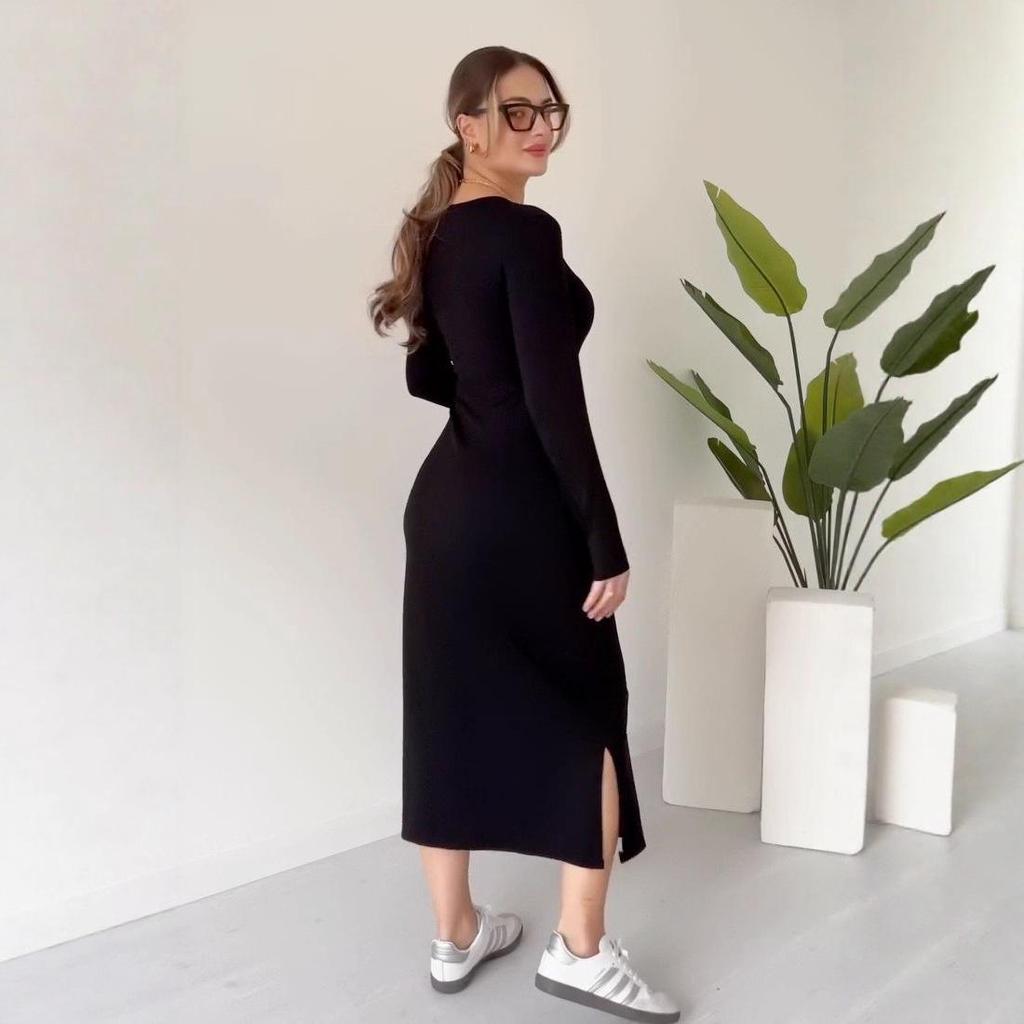 Letní 2025 Evropské a Americké Dámské Pletené Šaty s Kulatým Výstřihem a Dlouhým Rukávem, Úzkého Střihu