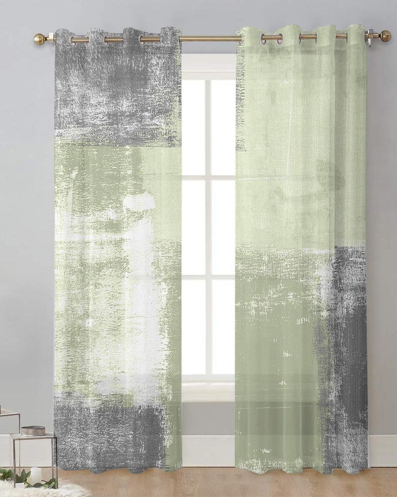 Sage Green Oil Painting Texture Paint Sheer Curtains for Living Room Decoration Window Curtains Kitchen Tulle Voile Curtains