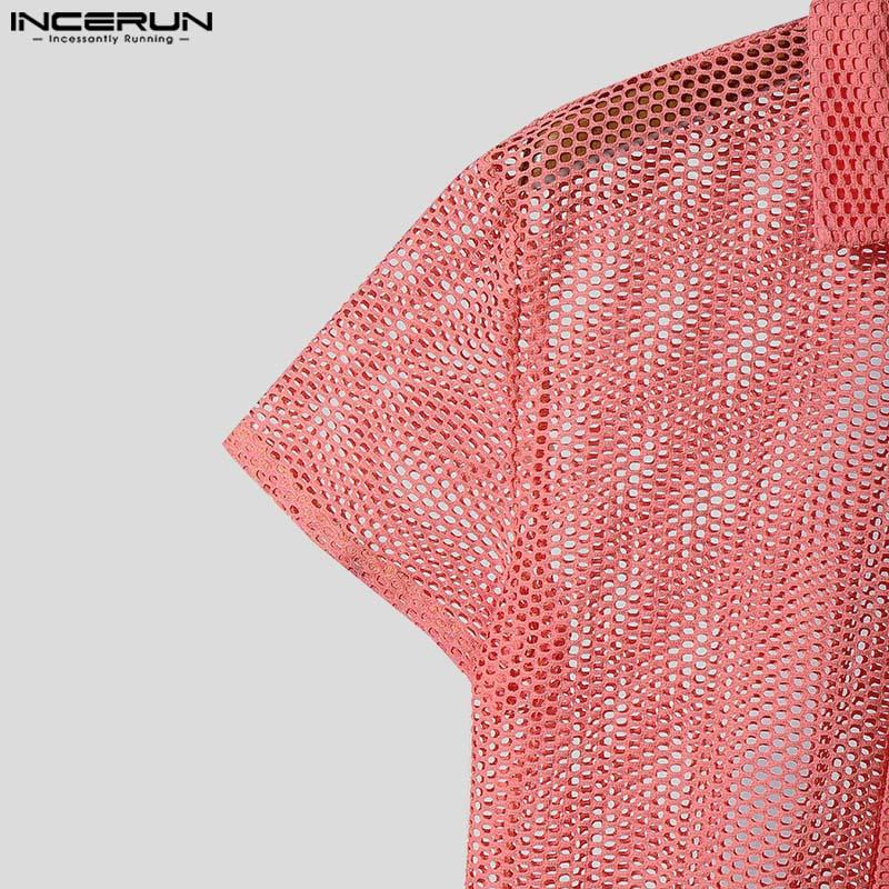 INCERUN Letní pánská trička s klopou, krátkým rukávem a dutým designem na pláž