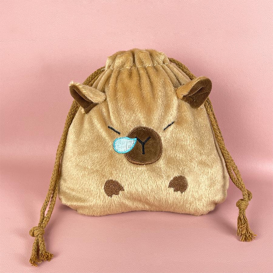 

Cute Capybara Plush Drawstring Pouch with Handle - Large Capacity Water Pig Stationery Storage Bag. About 20cm
