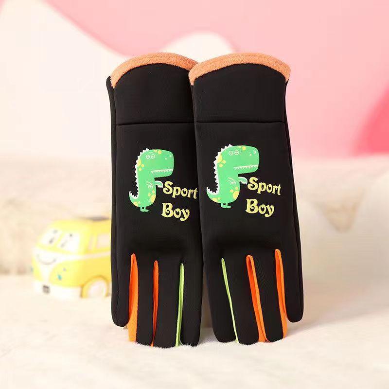 Kids Warm Gloves Autumn Winter Cartoon Dinosaur Boys Girls Outdoor Cycling Windproof Water-Repellent Gloves