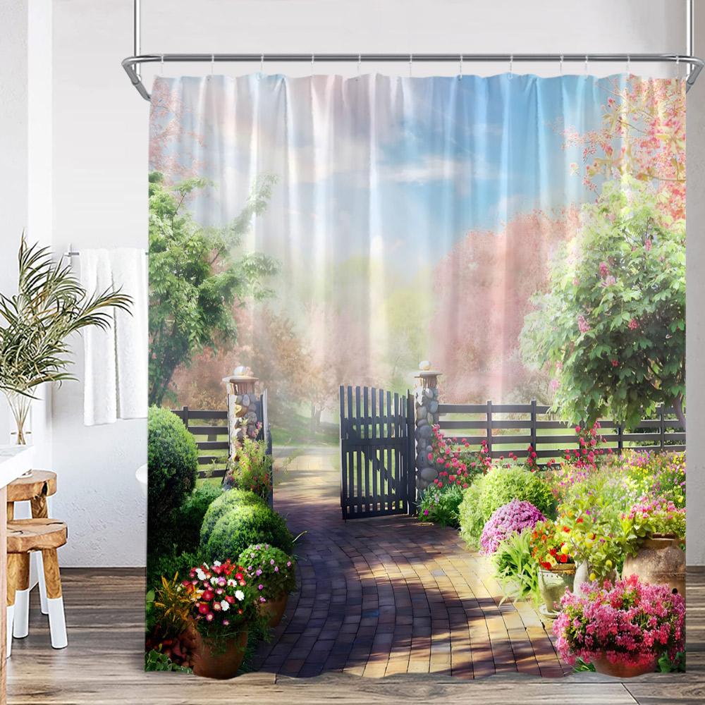 

Garden Shower Curtain Arch Door Fence Vines Flowers European Garden Bathroom Decorations Landscape Bath Curtain With Hooks W60H190(CM)-1 Pcs