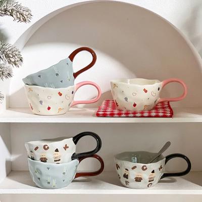 Tazze di ceramica irregolari pizzicate a mano da 300 ml, tazze da caffè con orsetto e coniglio, tazze da latte per bambini, tazza da colazione, tazza da farina d'avena, regalo per festival