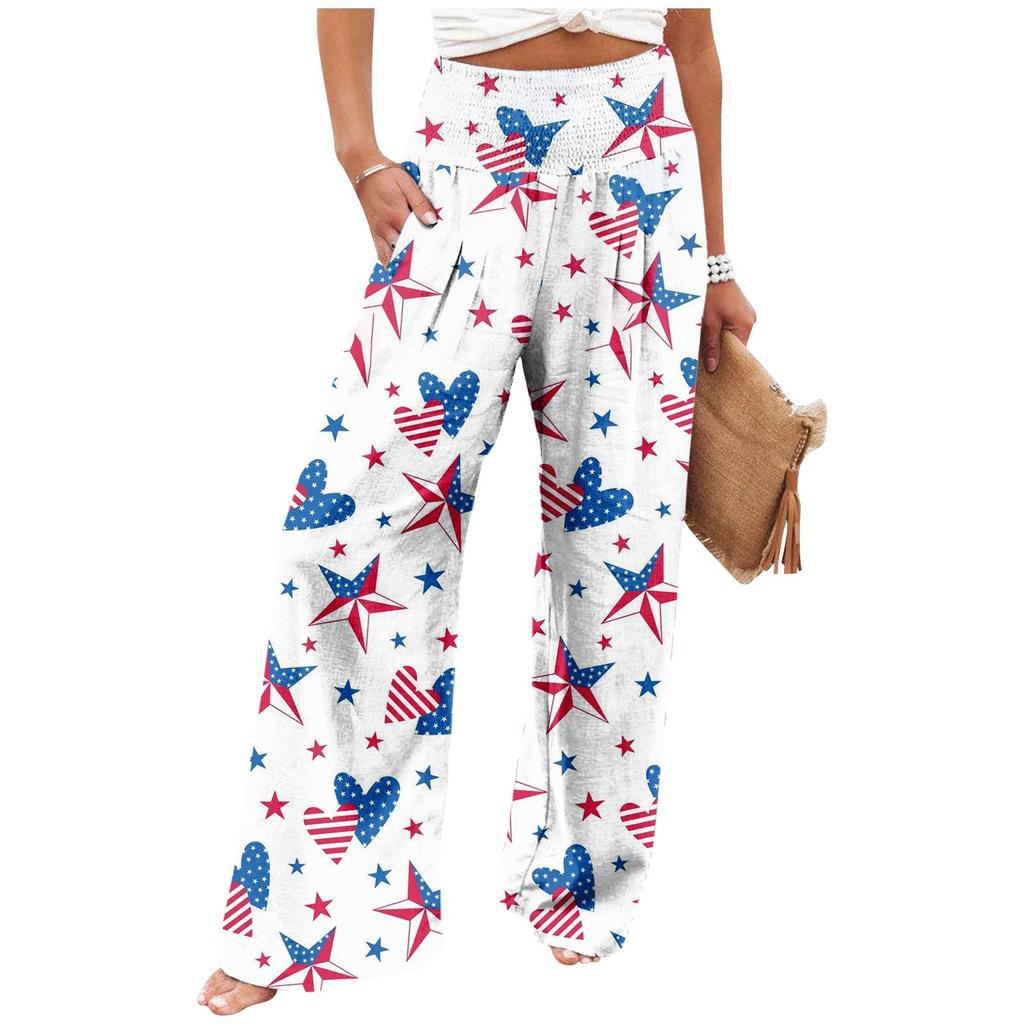 Women's Fashion Loose Casual Independence Day Print High Waist Wide Leg Pants Casual Pants