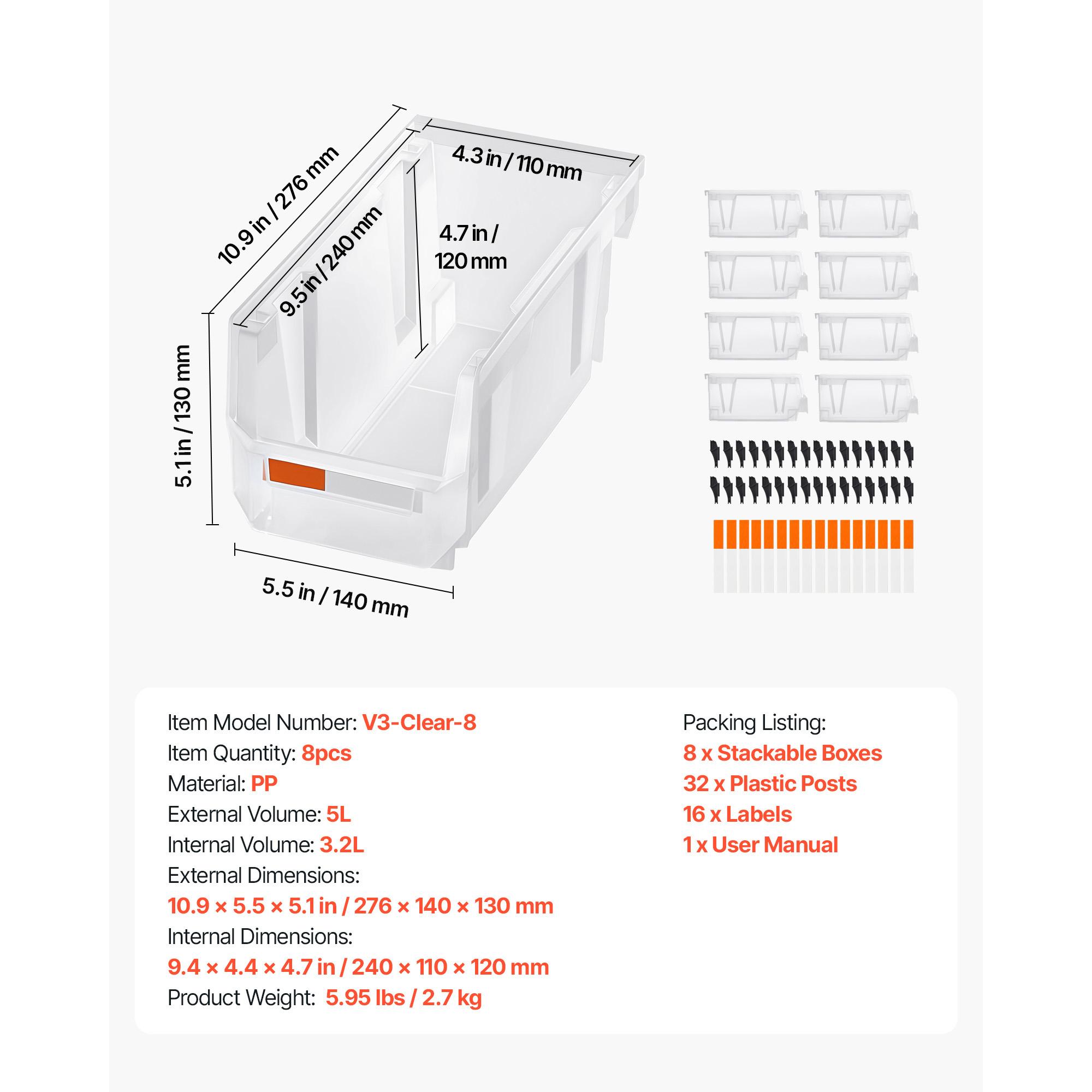

SucceBuy Пластиковые штабелируемые контейнеры для хранения 10,9x5,5x5,1 дюйма (8 шт) Пластиковые контейнеры для организации ящиков для гаража, мелких деталей прозрачный