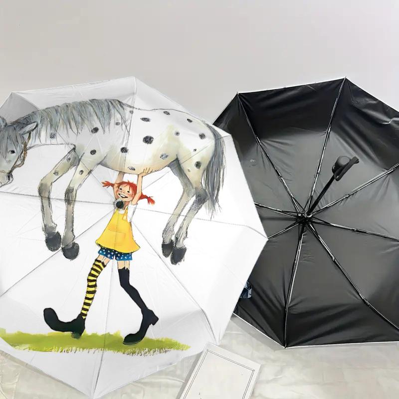 1PC Girl, Horse Umbrella-8-Rib Reinforced, Automatic Open, Lightweight & Durable, Cute Fashion Accessory for Outdoor, Beach, or Casual Use, Beach Umbr