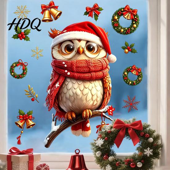 Removable Winter Wall Decals Christmas Cute Owl Static Window Clings Santa Hat Scarf Wreath Bell Snowflake Holiday Glass for Windows Decals,
