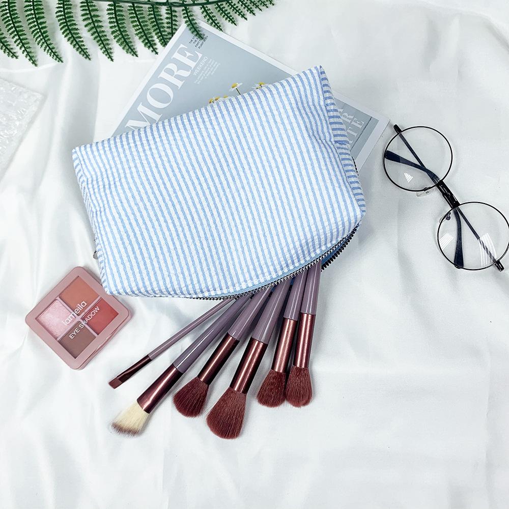 Seersucker Makeup & Toiletry Bag: Large Capacity, Embroidered, Striped Travel Clutch